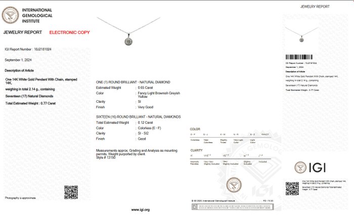 Ingen mindstepris - Halskæde med vedhæng - 14 karat Hvidguld -  0.77ct. tw. Gul Diamant (Naturfarvet) - Diamant - IGI