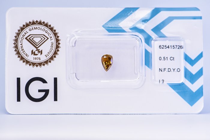 Ingen mindstepris - 1 pcs Diamant  (Naturfarvet)  - 051 ct - Pære - Fancy deep Gul Orange - I2 - International Gemological Institute (IGI)