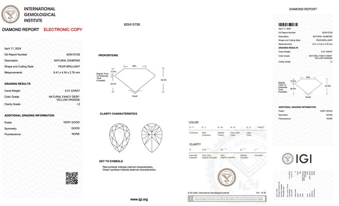 Ingen mindstepris - 1 pcs Diamant  (Naturfarvet)  - 051 ct - Pære - Fancy deep Gul Orange - I2 - International Gemological Institute (IGI)