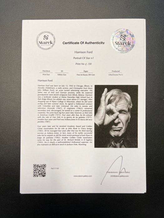 Harrison Ford - Portrait - Fine Art Photography - Luxury Wooden Framed 70X50 cm - Limited Edition Nr 02 of 30 - Serial ID 17182 - Original Certificate (COA), Hologram Logo Editor and QR Code - 100% New items.