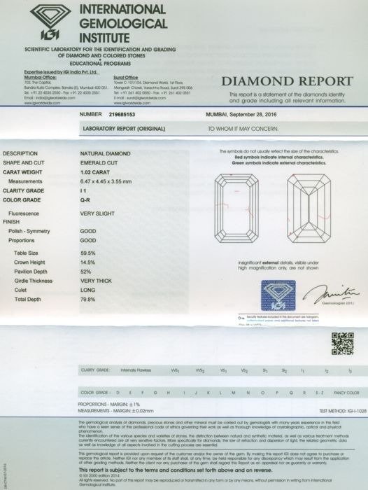 1 pcs Diamant  (Natur)  - 1.02 ct - Smaragd - I1 - International Gemological Institute (IGI) - Q - R