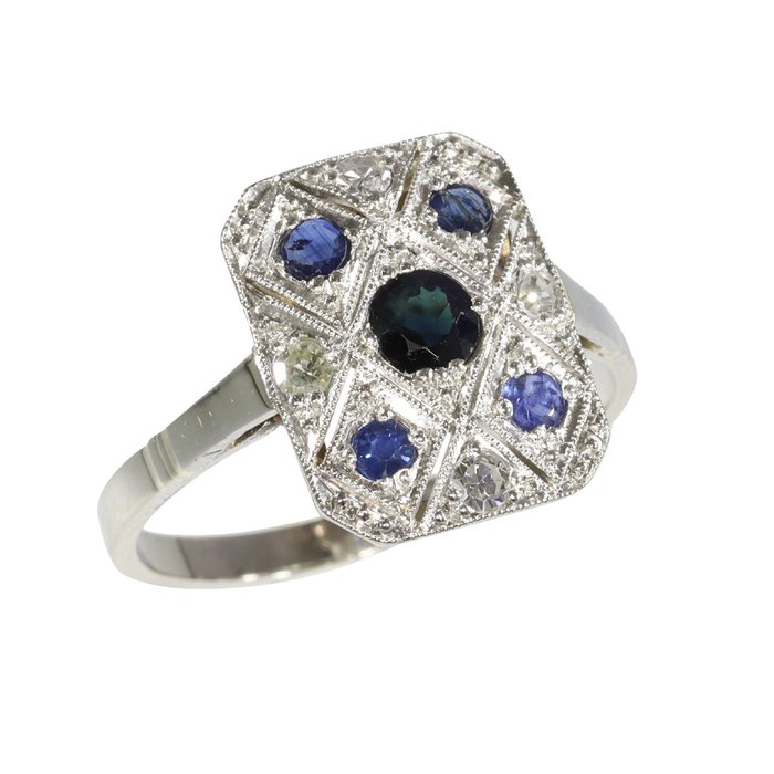 Ingen mindstepris - Ring Platin Diamant (Natur)  - Safir - Årgang anno 1930