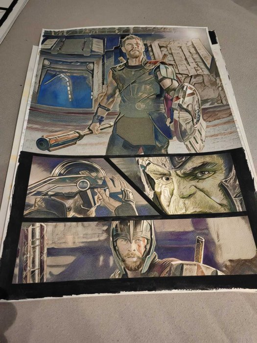 by artist Igor Stiskalov - Original Watercolor Paintings - Lot of 4 -  The Avengers - Thanos /Thor/ Hulk/Iron Man (58x42 cm