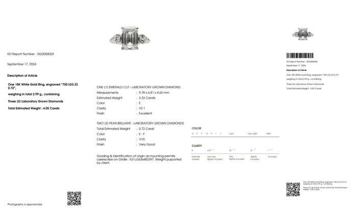 Ingen mindstepris - Ring - 18 kraat Hvidguld -  4.05ct. tw. Diamant (Laboratoriedyrket) - Diamant - IGI 3.33 CT Ideal E VS1