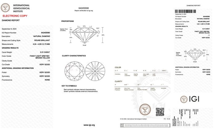 Ingen mindstepris - 1 pcs Diamant  (Naturfarvet)  - 031 ct - Rund - Fancy light Brun Grålig Gul - I1 - International Gemological Institute (IGI)