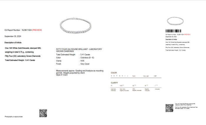 Ingen mindstepris - Tennisarmbånd - 14 karat Hvidguld -  5.41ct. tw. Diamant (Laboratoriedyrket) - D-E VVS IGI CERTIFICERT