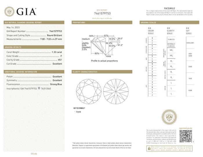 1 pcs Diamant  (Natur)  - 1.32 ct - Rund - F - VS1 - Gemological Institute of America (GIA)