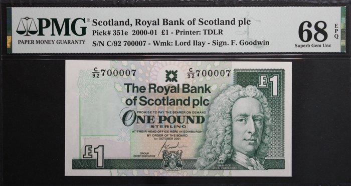 Skotland - 1 Pound - 2000-01 - Radar Serial Number 7000007 - Pick 351e  (Ingen mindstepris)