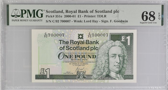 Skotland - 1 Pound - 2000-01 - Radar Serial Number 7000007 - Pick 351e  (Ingen mindstepris)