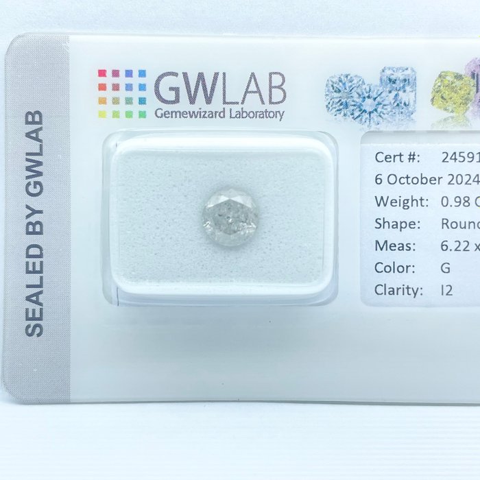 Ingen mindstepris - 1 pcs Diamant  (Natur)  - 0.98 ct - Rund - G - I2 - Gemewizard Gemological Laboratory (GWLab)