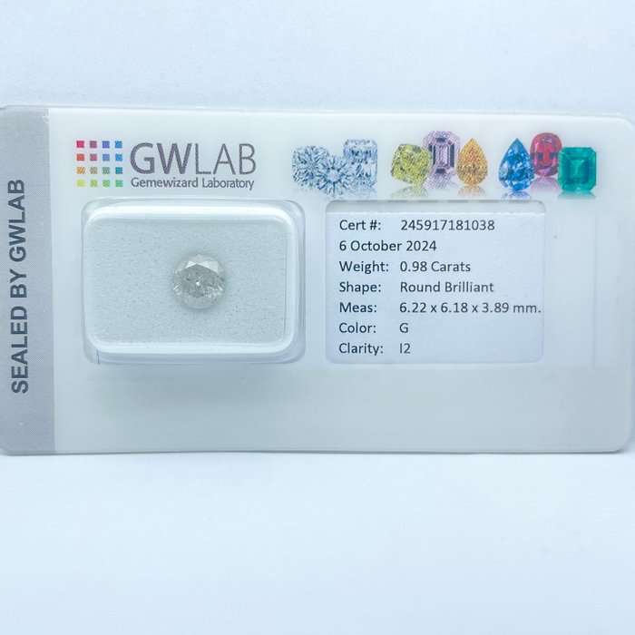 Ingen mindstepris - 1 pcs Diamant  (Natur)  - 0.98 ct - Rund - G - I2 - Gemewizard Gemological Laboratory (GWLab)