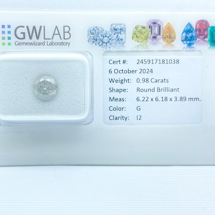 Ingen mindstepris - 1 pcs Diamant  (Natur)  - 0.98 ct - Rund - G - I2 - Gemewizard Gemological Laboratory (GWLab)