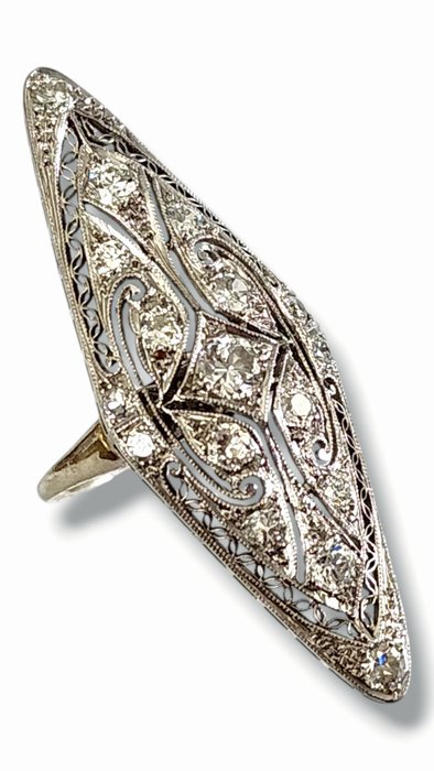 Ring - 14 karat Hvidguld, Art Deco 1930 Cocktailring 14 K guld med 1,24 karat diamanter - Diamant