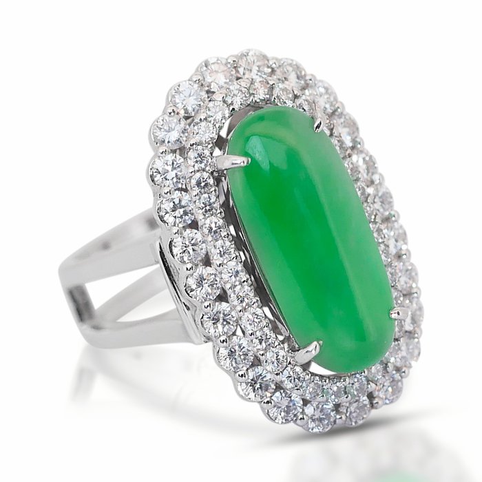 Ring - 18 kraat Hvidguld -  5.45ct. tw. Jade - Diamant