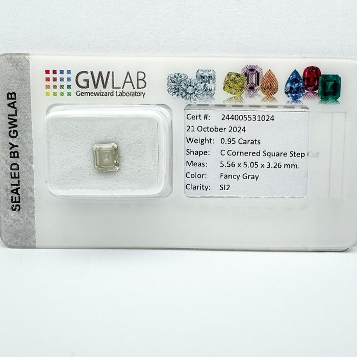 Ingen mindstepris - 1 pcs Diamant  (Naturfarvet)  - 0.95 ct - Firkantet med slebne hjørner - Fancy Grå - SI2 - Gemewizard Gemological Laboratory (GWLab)