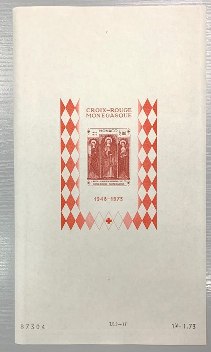 Monaco 1973 - Monaco blok nr 7c Røde Kors ikke savtakket STORT FORMAT TB ** og Sjælden! Pris 450 € - 7c