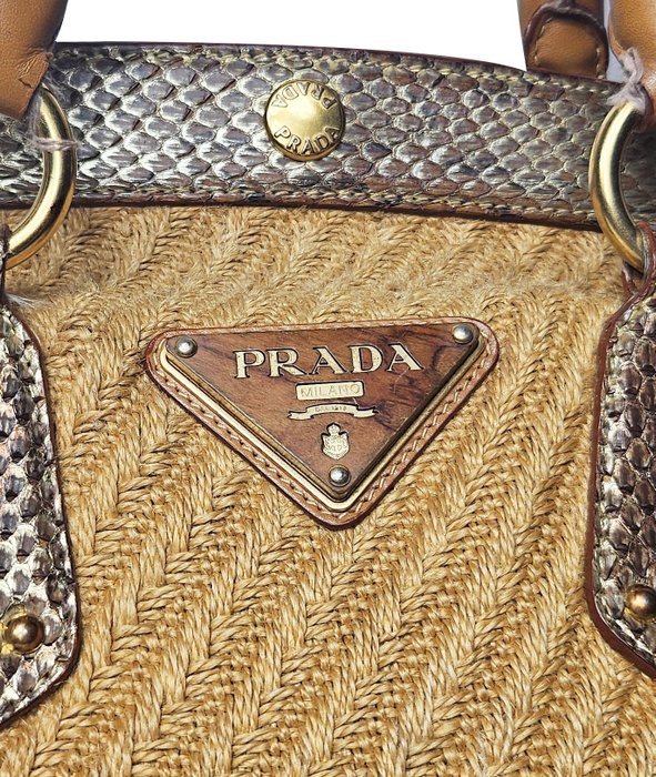 Prada - Bosa in paglia intrecciata e Pitone - Skuldertaske