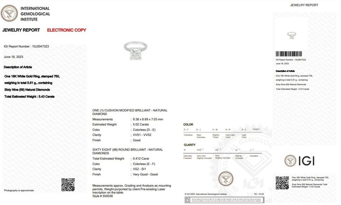 Ring - 18 kraat Hvidguld -  5.43ct. tw. Diamant (Natur) - Diamant