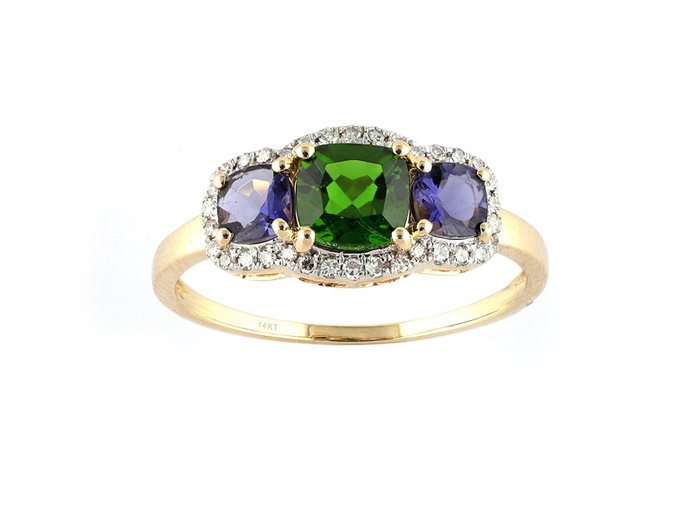 Ring - 14 karat Gulguld -  1.61ct. tw. Cordierit - Diamant