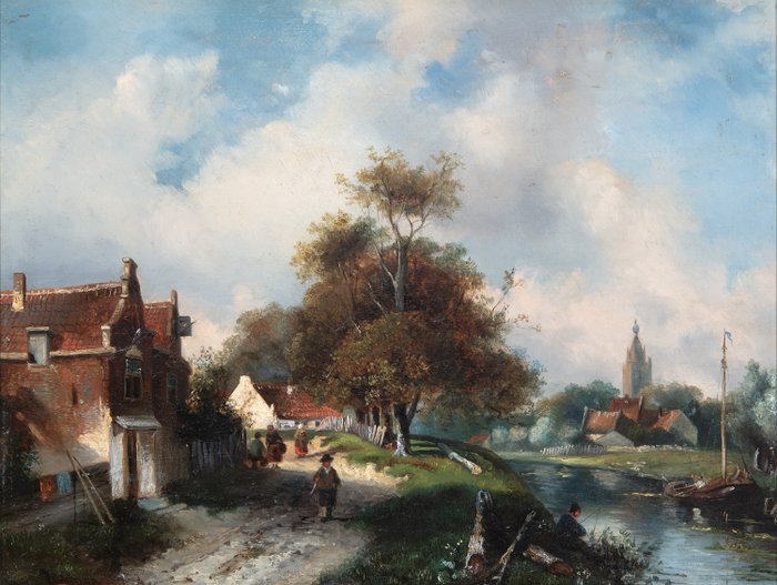 Gregorius Heerebaart (1829-1915) Attributed to - Figuren in een Dorp langs een kanaal