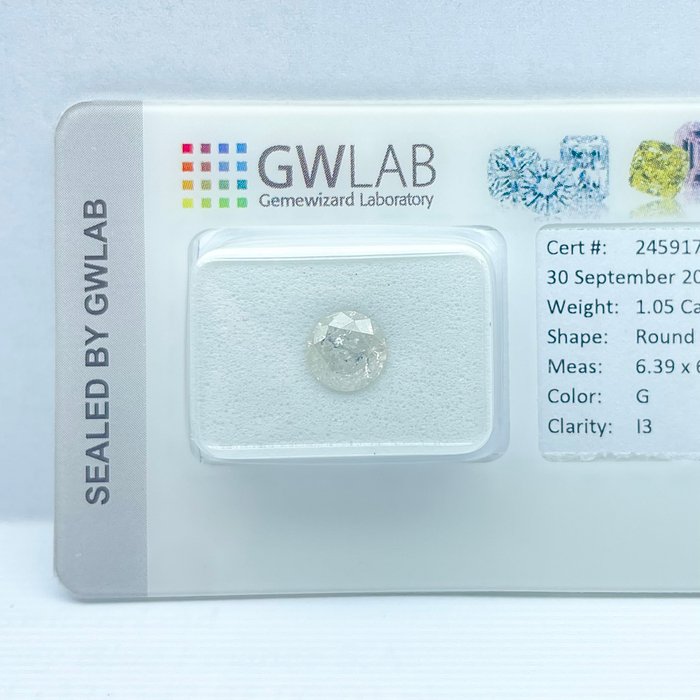 Ingen mindstepris - 1 pcs Diamant  (Natur)  - 1.05 ct - Rund - G - I3 - Gemewizard Gemological Laboratory (GWLab)