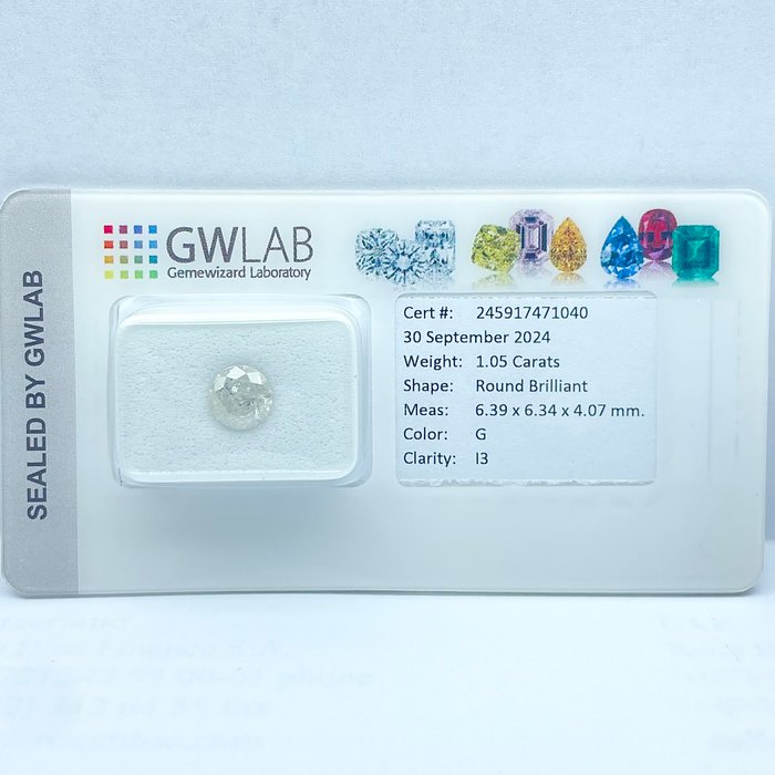 Ingen mindstepris - 1 pcs Diamant  (Natur)  - 1.05 ct - Rund - G - I3 - Gemewizard Gemological Laboratory (GWLab)