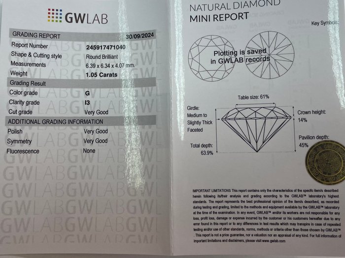 Ingen mindstepris - 1 pcs Diamant  (Natur)  - 1.05 ct - Rund - G - I3 - Gemewizard Gemological Laboratory (GWLab)