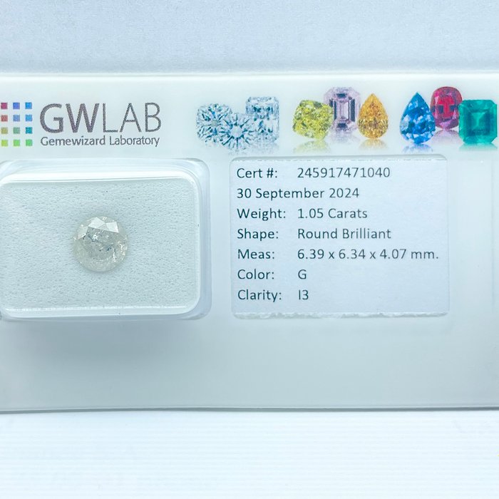 Ingen mindstepris - 1 pcs Diamant  (Natur)  - 1.05 ct - Rund - G - I3 - Gemewizard Gemological Laboratory (GWLab)