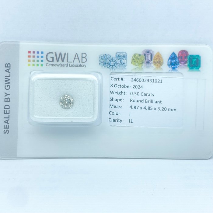 Ingen mindstepris - 1 pcs Diamant  (Natur)  - 0.50 ct - Rund - I - I1 - Gemewizard Gemological Laboratory (GWLab)