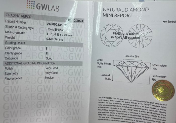 Ingen mindstepris - 1 pcs Diamant  (Natur)  - 0.50 ct - Rund - I - I1 - Gemewizard Gemological Laboratory (GWLab)