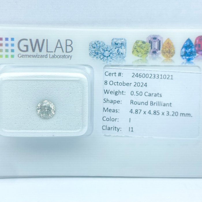 Ingen mindstepris - 1 pcs Diamant  (Natur)  - 0.50 ct - Rund - I - I1 - Gemewizard Gemological Laboratory (GWLab)