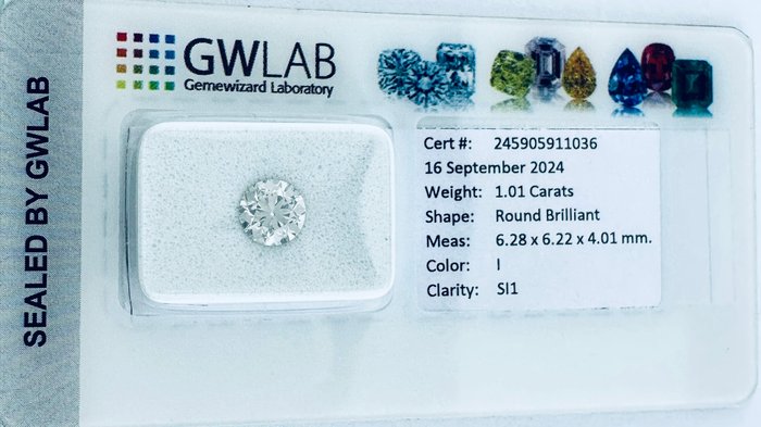 1 pcs Diamant  (Natur)  - 1.01 ct - Rund - I - SI1 - Gemewizard Gemological Laboratory (GWLab) - ( NATURLIG )