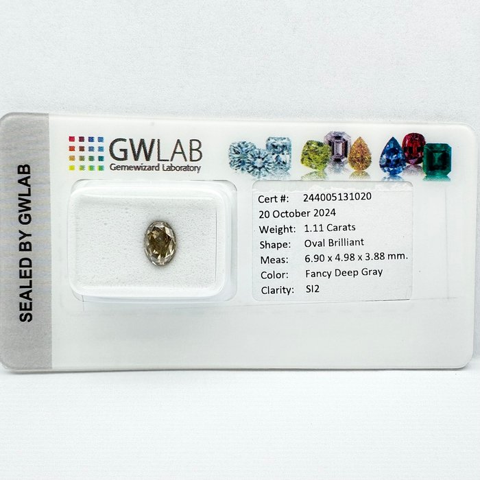 Ingen mindstepris - 1 pcs Diamant  (Naturfarvet)  - 1.11 ct - Oval - Fancy deep Grå - SI2 - Gemewizard Gemological Laboratory (GWLab)