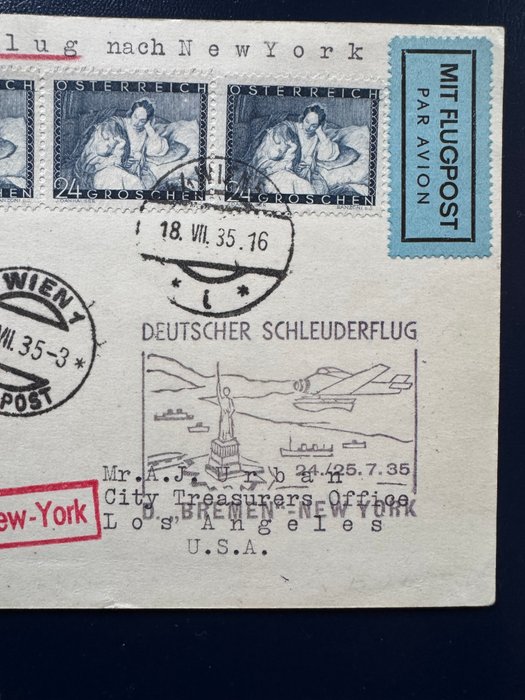 Østrig 1935 - Østrig 1935 - luftpostbrev Tysk slangebøsseflyvning med forhåndsflyvning til New York med frimærker