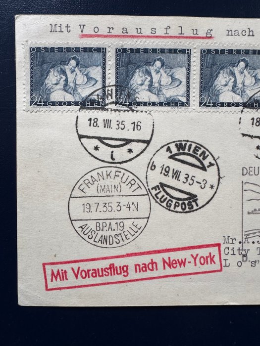 Østrig 1935 - Østrig 1935 - luftpostbrev Tysk slangebøsseflyvning med forhåndsflyvning til New York med frimærker