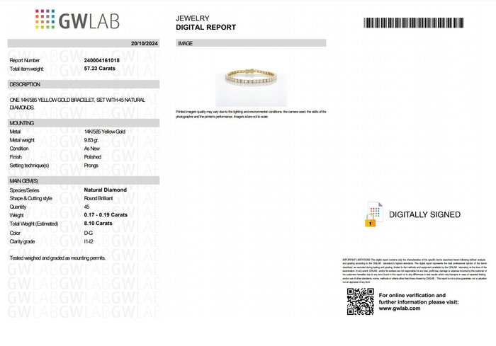 Ingen mindstepris - Armbånd - 14 karat Gulguld -  8.10ct. tw. Diamant (Natur) - D-G FARVE