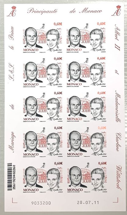 Monaco 2011 - 0,60 € rød og sort, Princely Wedding, ark med 10 TP IKKE-TAKET. - Yvert  Tellier n° 2786