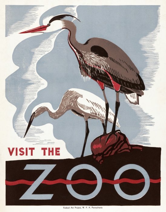 Filippo Romoli - Visit the zoo USA advertising poster - water animals birds heron not pelican flamingo - 1990‹erne