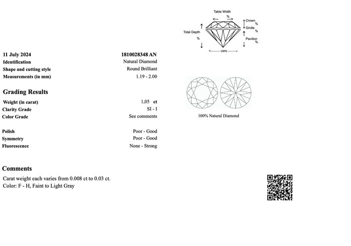 Ingen mindstepris - 1 pcs Diamant  (Natur)  - 1.05 ct - Rund - I3, SI1 - Gem Report Antwerp (GRA) - INGEN RESERVEPRIS