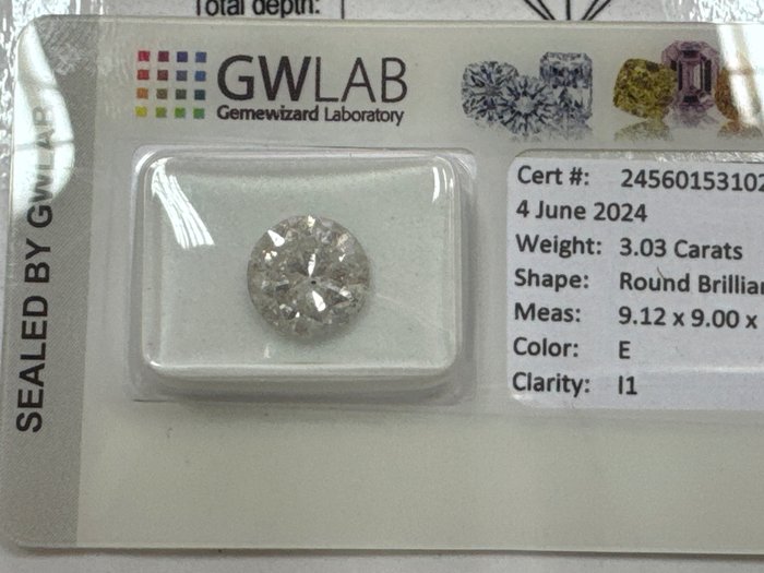 1 pcs Diamant  (Natur)  - 3.03 ct - Rund - E - I1 - Gemewizard Gemological Laboratory (GWLab)