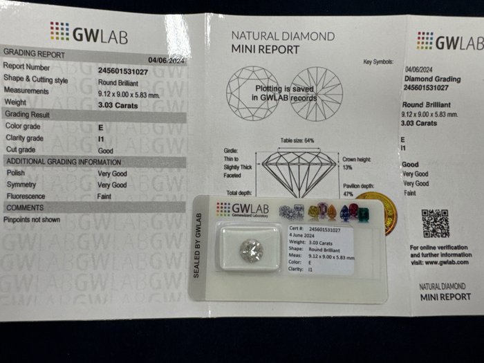 1 pcs Diamant  (Natur)  - 3.03 ct - Rund - E - I1 - Gemewizard Gemological Laboratory (GWLab)