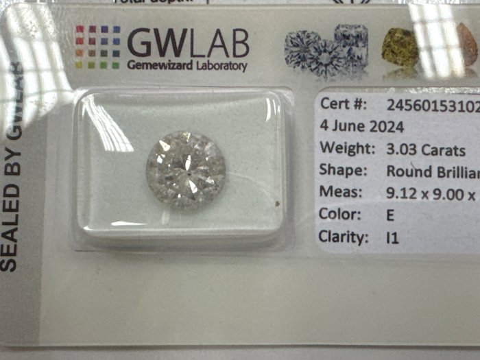 1 pcs Diamant  (Natur)  - 3.03 ct - Rund - E - I1 - Gemewizard Gemological Laboratory (GWLab)