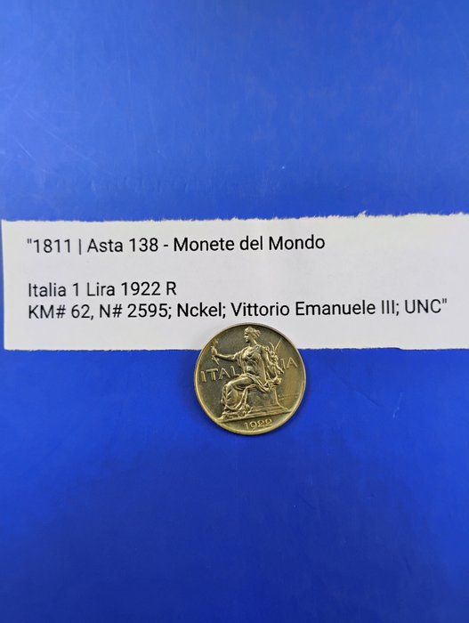 Italien, Kongeriget Italien. Vittorio Emanuele III di Savoia (1900-1946). Buono da 1 Lira 1922  (Ingen mindstepris)