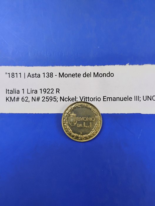 Italien, Kongeriget Italien. Vittorio Emanuele III di Savoia (1900-1946). Buono da 1 Lira 1922  (Ingen mindstepris)