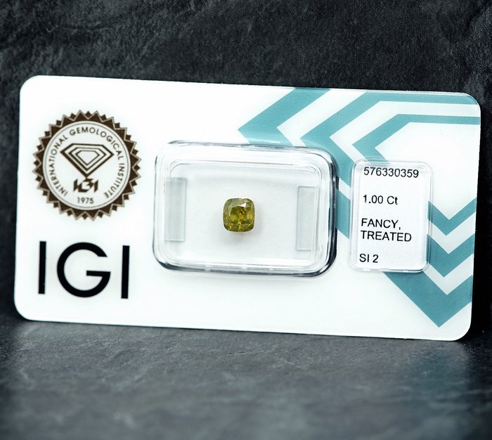 1 pcs Diamant  (Farvebehandlet)  - 1.00 ct - Pude - Fancy intense Grønlig Gul - SI2 - International Gemological Institute (IGI)