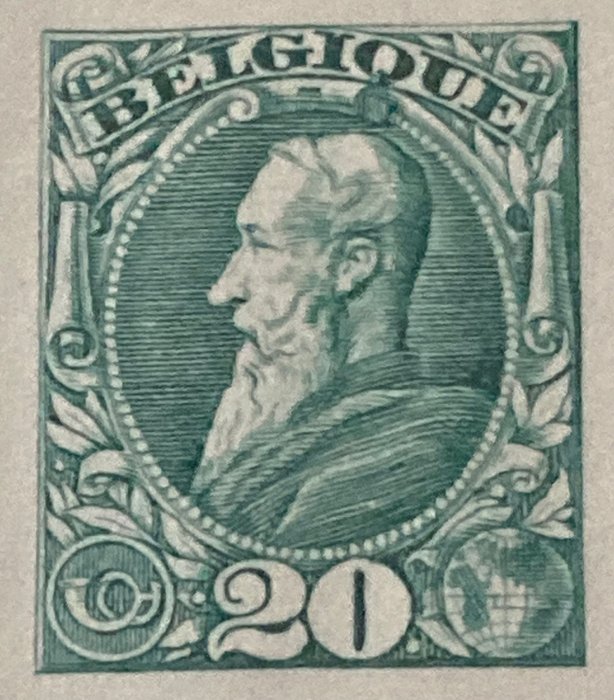 Belgien 1887 - Lille gravering på tykt hvidt papir - Ikke accepteret design 'Leopold II' - Bevis for matricen - Stes 2099 - 20c groen