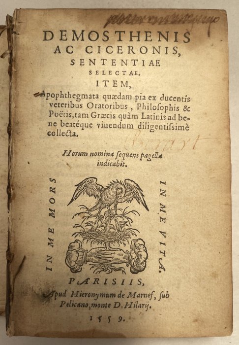 Demosthenes - Demosthenis ac Ciceronis sententiae selectae - 1559