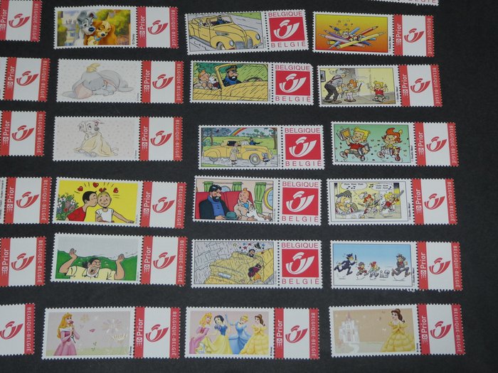 Belgien  - Parti med 68 tidligere frimærker - Belgien - Tidligere Disney tegneserietema, Tintin, Ice Age, Tex