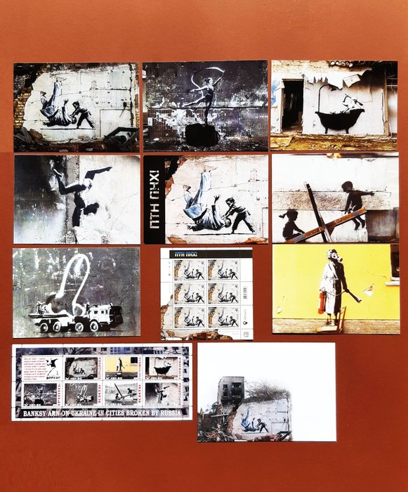 Banksy (1974) - Ukraine - "ПТН ПНХ! (FCK PTN!)"-2 full sets: Set of 7 Postcards + Stamps (7pcs) and Set of Stamps