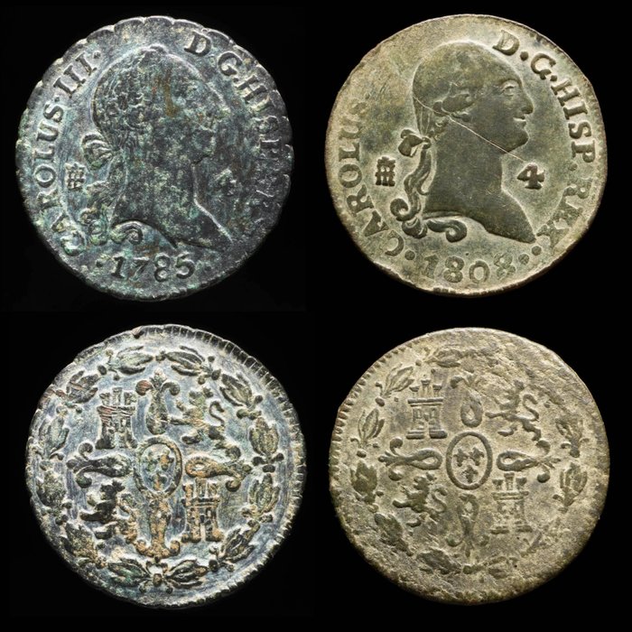 Spanien. Carlos III  Carlos IV. 4 Maravedís Segovia 1785 / Segovia 1808. Lote de 2 monedas  (Ingen mindstepris)